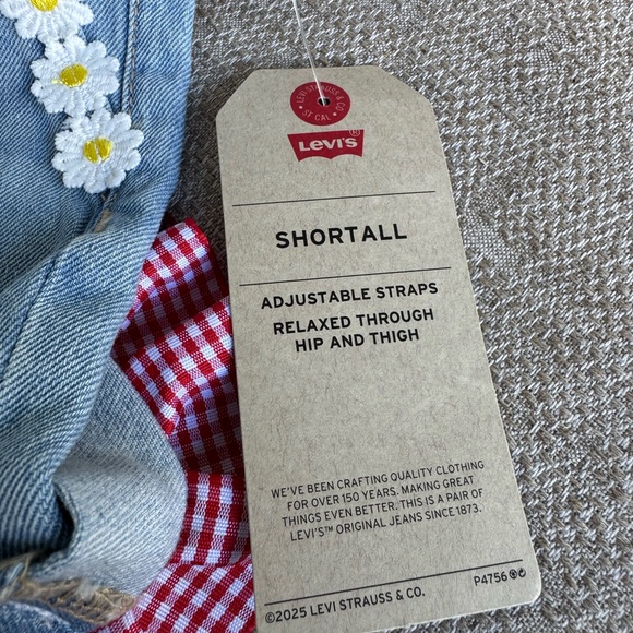 Levi's Customized Blue Overalls with Hand-sewn Red and White Strawberry Details - Picture 5 of 16